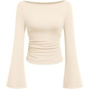 Women’s Long Sleeve Crop Tops 2025 Fall Boat Neck Bell Sleeve Ribbed Y2K Shirts